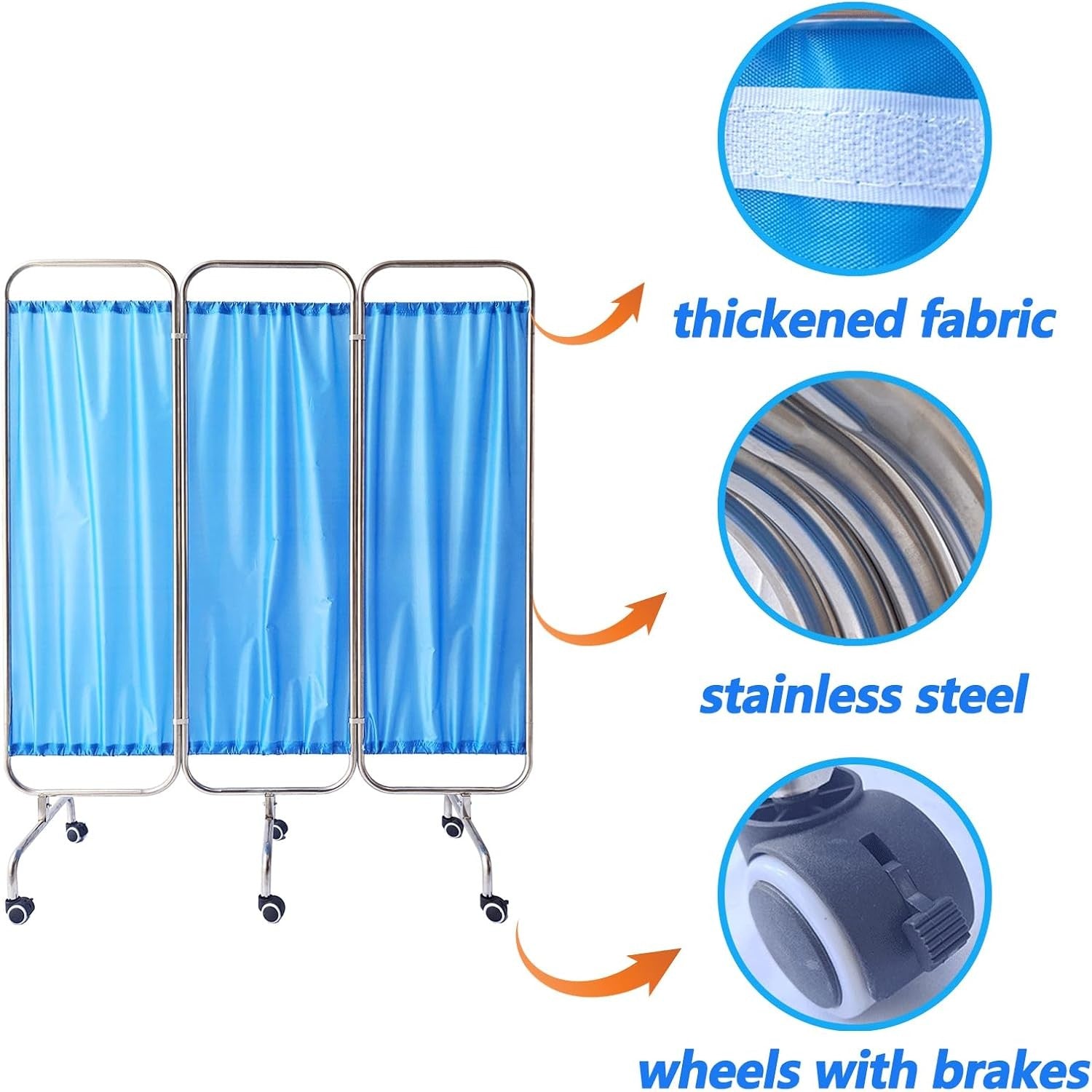 3 Panel Medical Privacy Screen on Wheels Stainless Steel Folding Hospital Divide