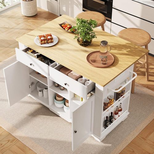 Kitchen Island on Wheels with Foldable Table, Power Sockets & Storage Drawers