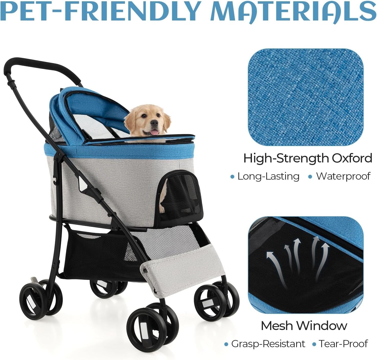 Pet Stroller for Dogs & Cats up to 15kg Foldable 4 Wheel Travel Pushchair