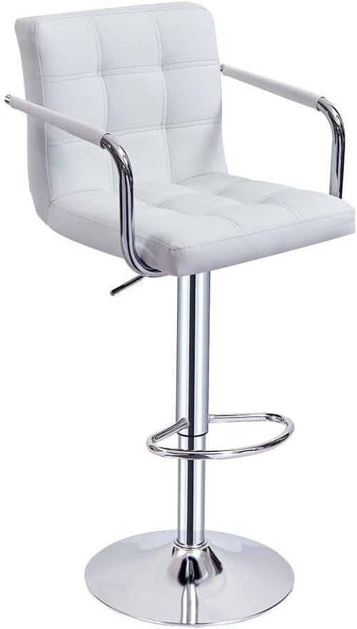 White Adjustable Swivel Bar Stool with Armrests & PU Leather