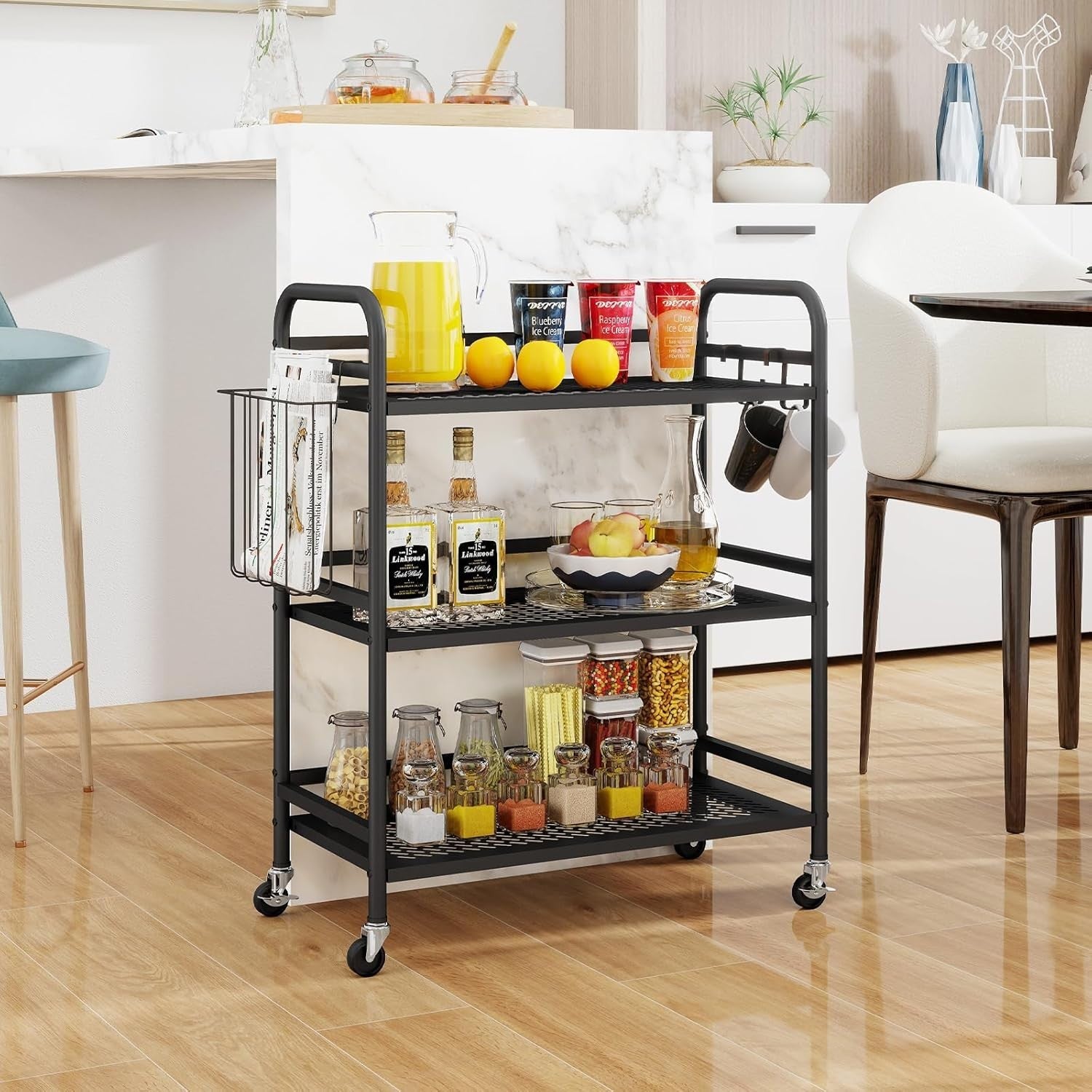 3 Tier Metal Mesh Rolling Utility Cart Heavy Duty Storage Trolley Black