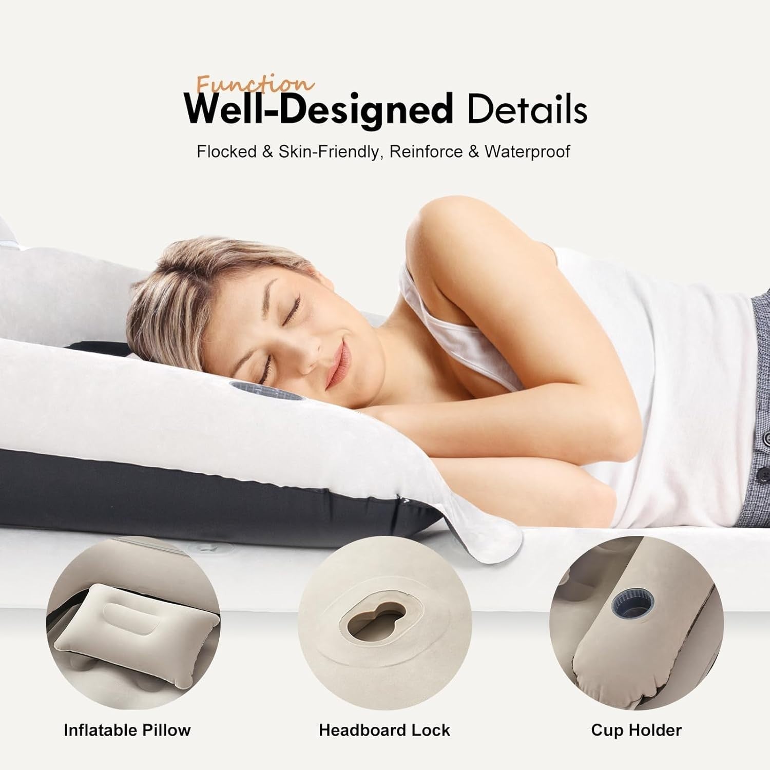 King Size Inflatable Air Bed Mattress w Headboard Pillows Fast Pump