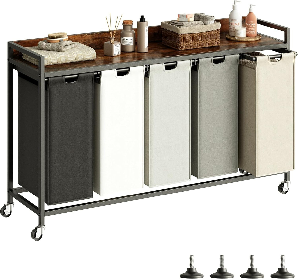 5 Section Laundry Basket with Shelf Rustic Brown 300L Removable Bags Wheels