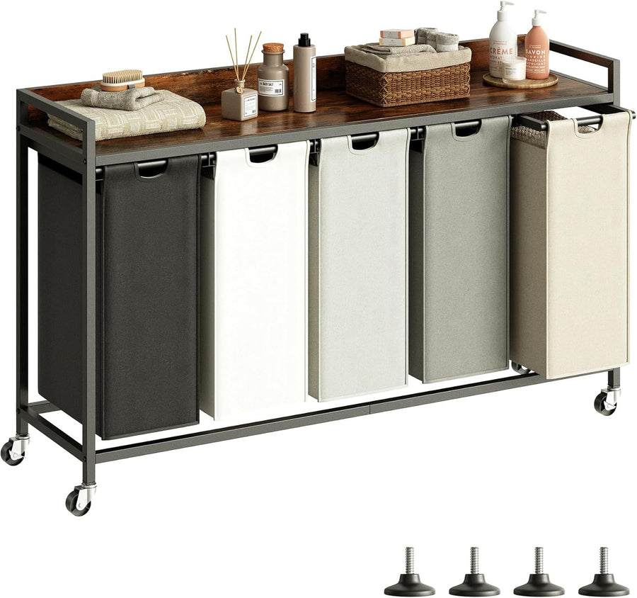 5 Section Laundry Basket with Shelf Rustic Brown 300L Removable Bags Wheels
