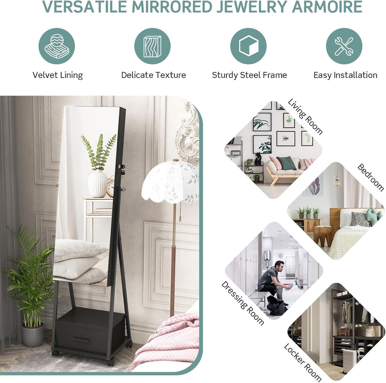 Mobile Jewelry Cabinet with Wheels Lockable Full Length Mirror Storage