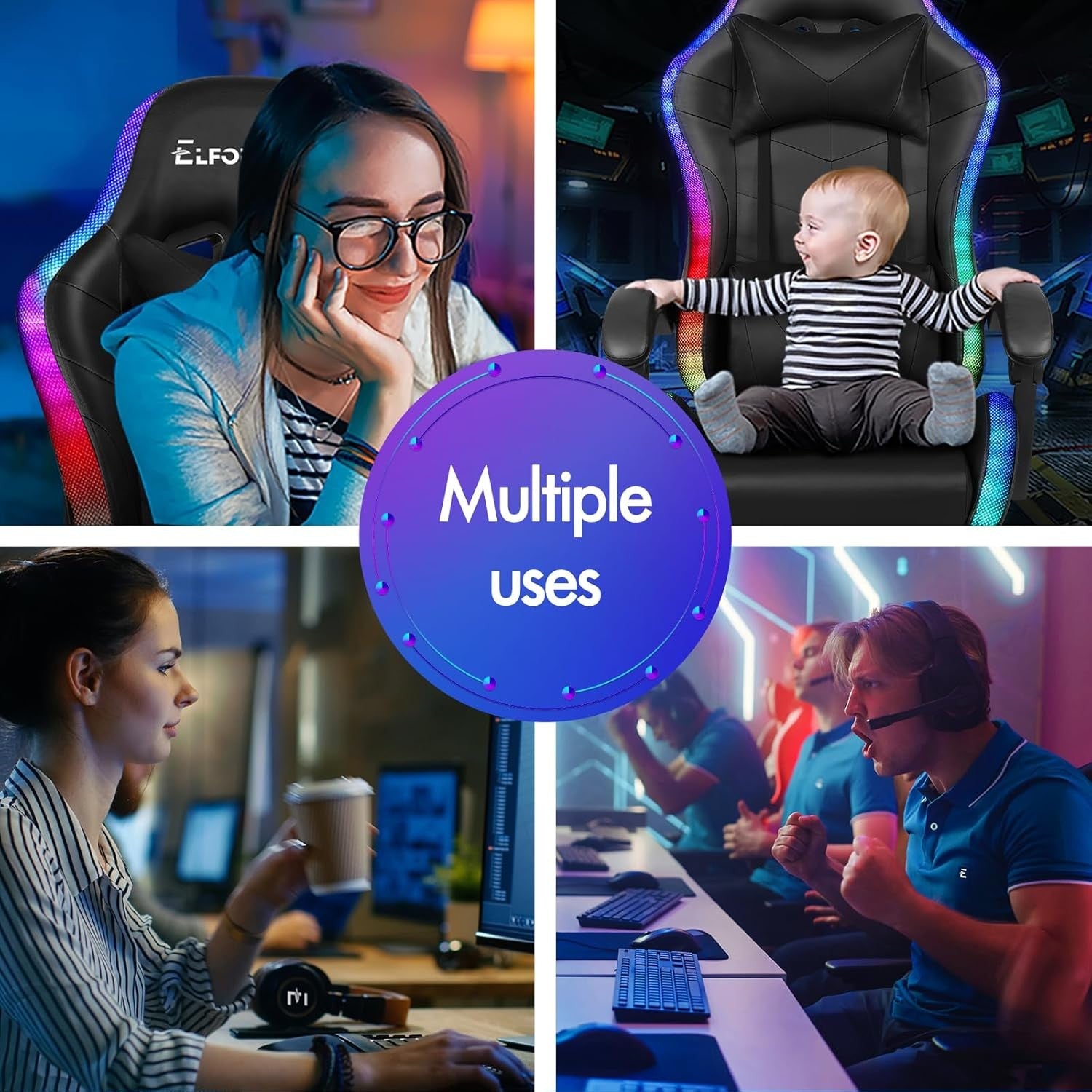 LED Gaming Chair Massage RGB Recliner with Footrest PU Leather