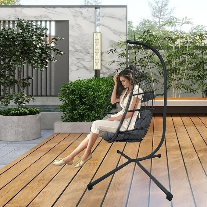Foldable Rattan Egg Chair with Cushion Indoor Outdoor Hanging Swing Seat