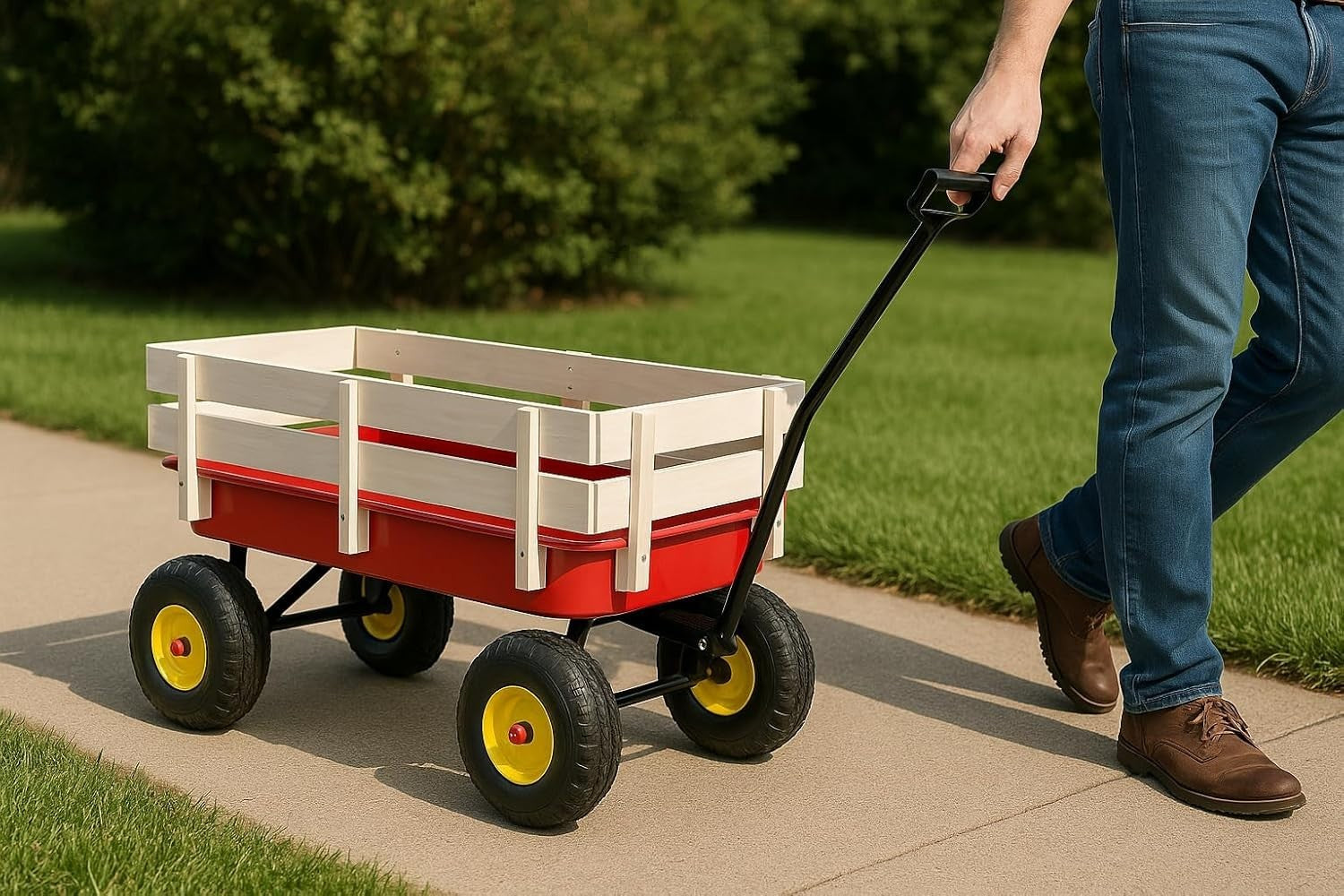 Heavy Duty Garden Utility Wagon Cart | Outdoor Pull Trolley w/ 4 Wheels & Steel