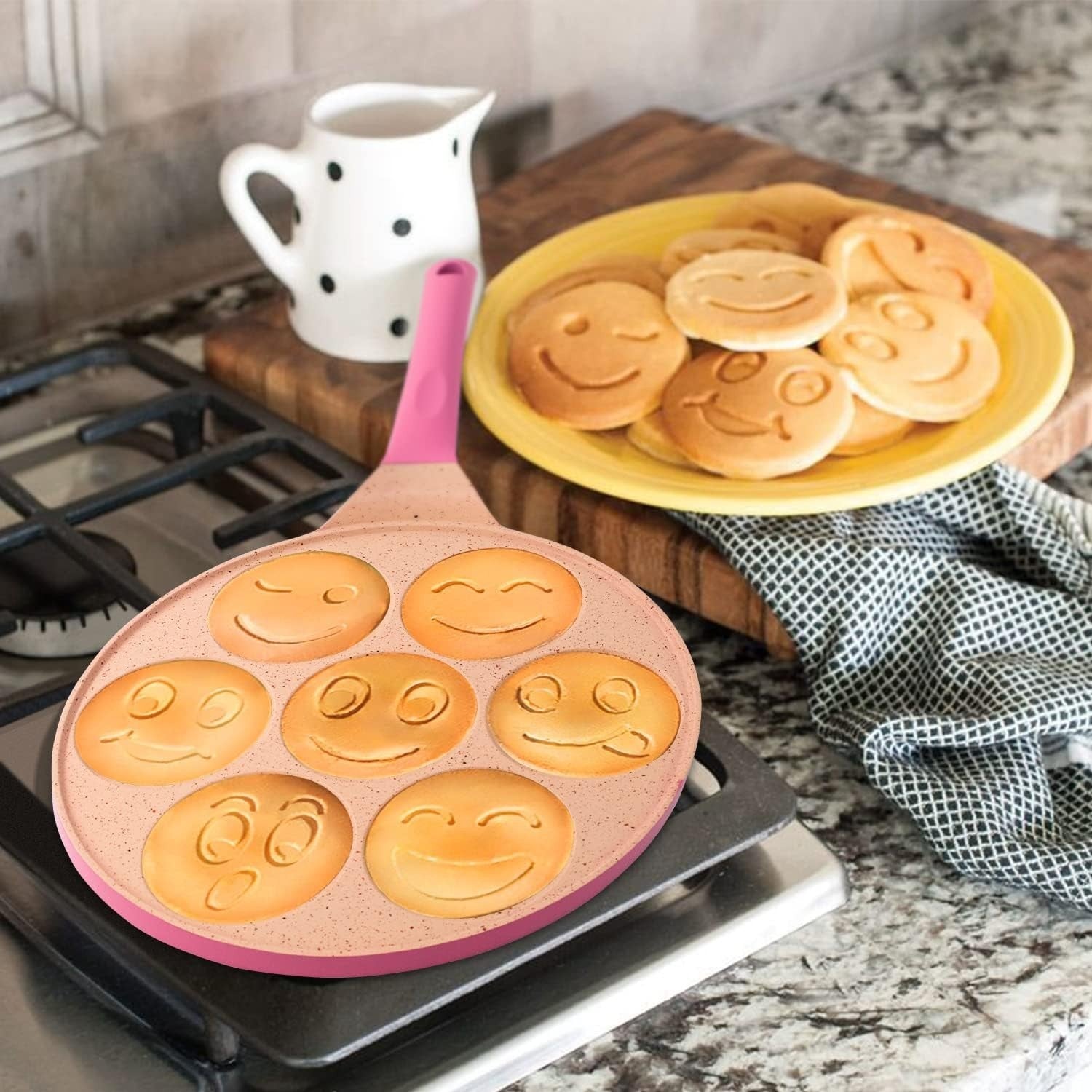 7-Hole Smiley Face Pancake Pan 26cm Pink | Non-Stick Induction Mini Pancake Make