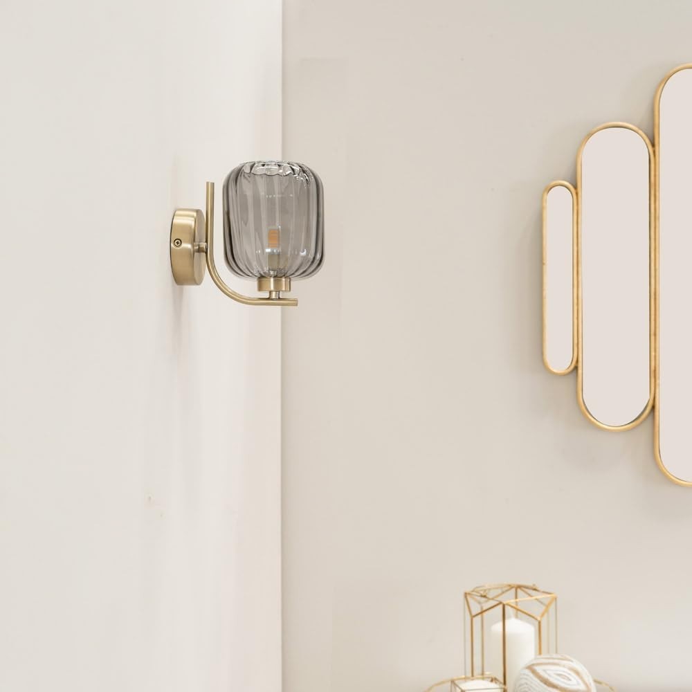 Gold Art Deco Wall Lights Pair Ribbed Glass Shade Modern Vintage Sconce