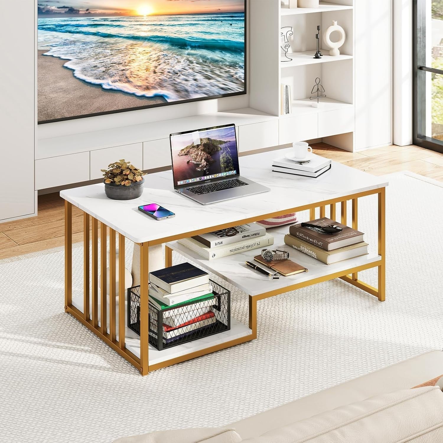Modern Faux Marble Coffee Table 2-Tier Rectangular with Storage Shelf 110x60cm