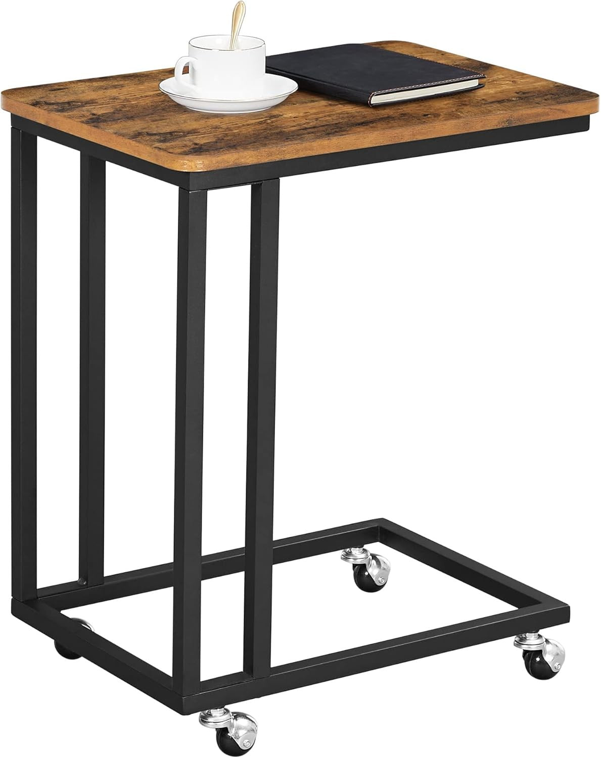 Industrial C Side Table with Wheels, Rustic Wood Top, Sofa Laptop Stand