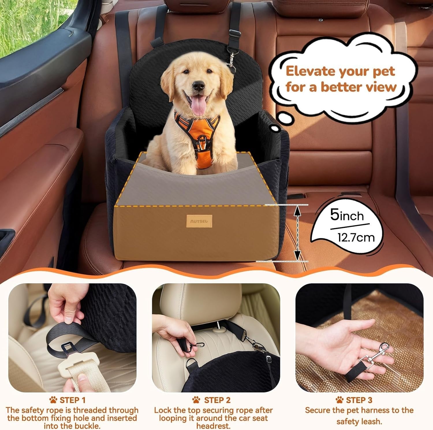 Dog Booster Car Seat Washable Travel Bed Safety Leash 40lb Black