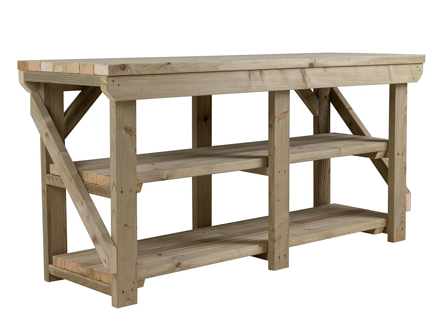 8ft Heavy Duty Pressure Treated Wooden Workbench Double Shelf Indoor Outdoor