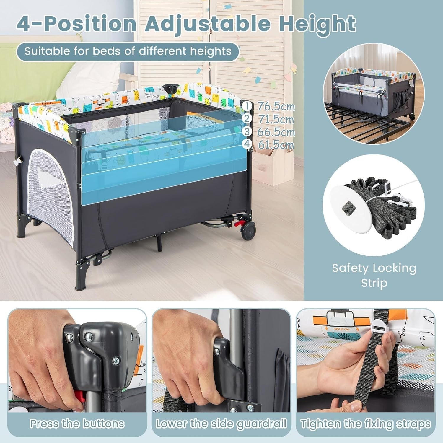 5in1 Baby Travel Cot Bedside Crib Bassinet with Mattress Changer Music Toys