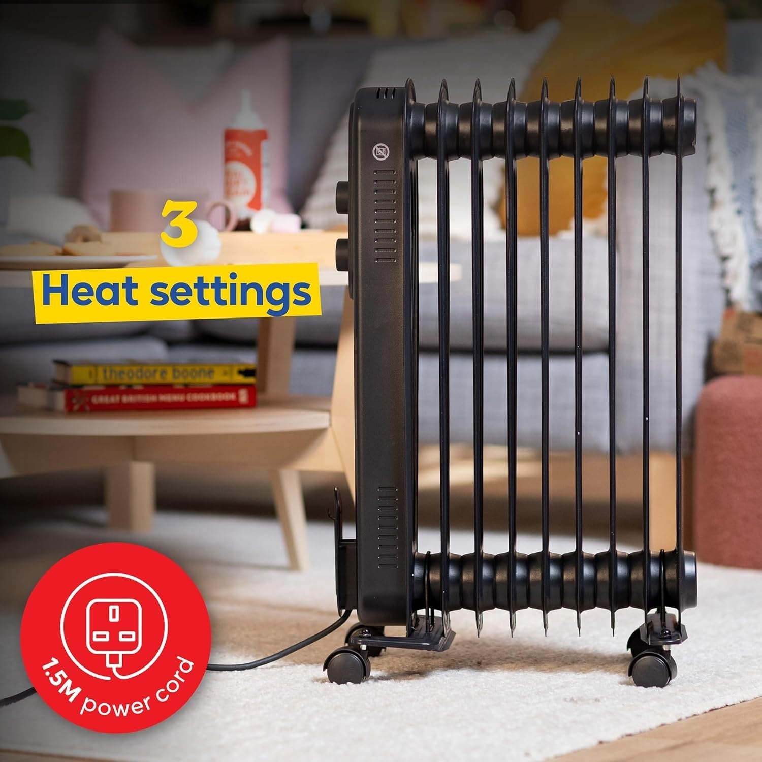2000W 9-Fin Oil Filled Portable Radiator Heater Black with Thermostat