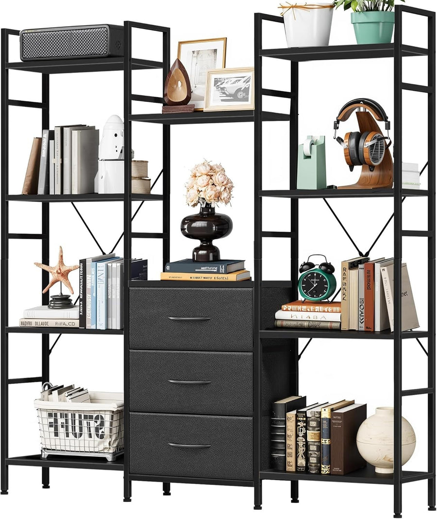 120cm Wide Tall 4-Tier Bookcase with 3 Fabric Drawers Retro Black Storage