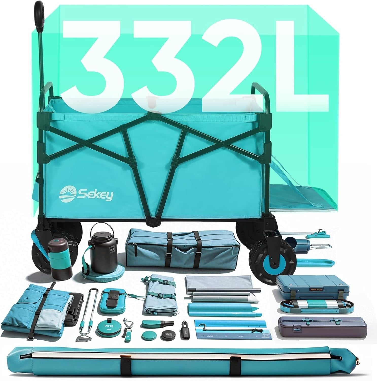 Blue 332L Folding Camping Wagon 350lb Heavy Duty All Terrain Festival Trolley