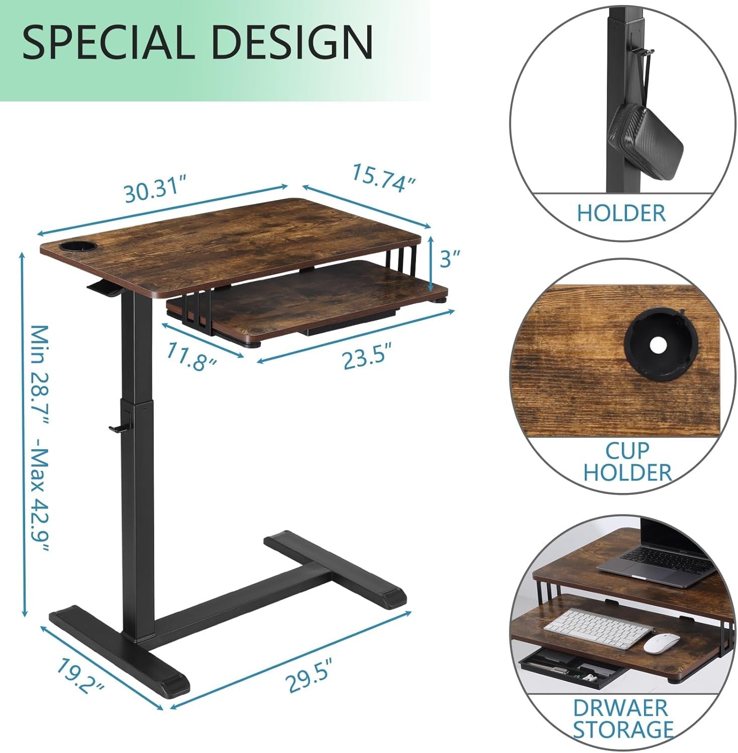 Overbed Table Adjustable Rolling Laptop Desk With Drawer Keyboard Tray Walnut