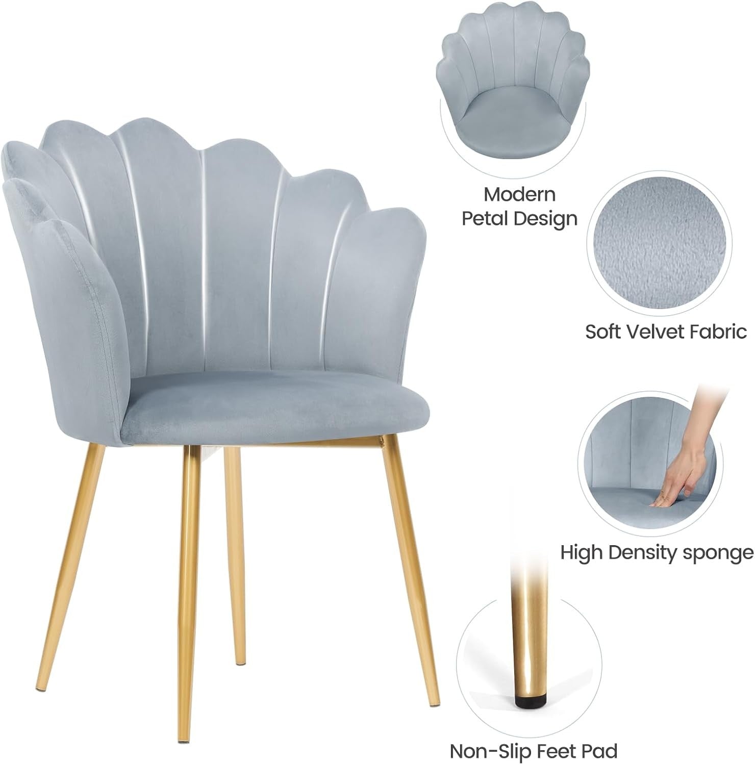 Velvet Vanity Chair Shell Back Gold Metal Legs Grey