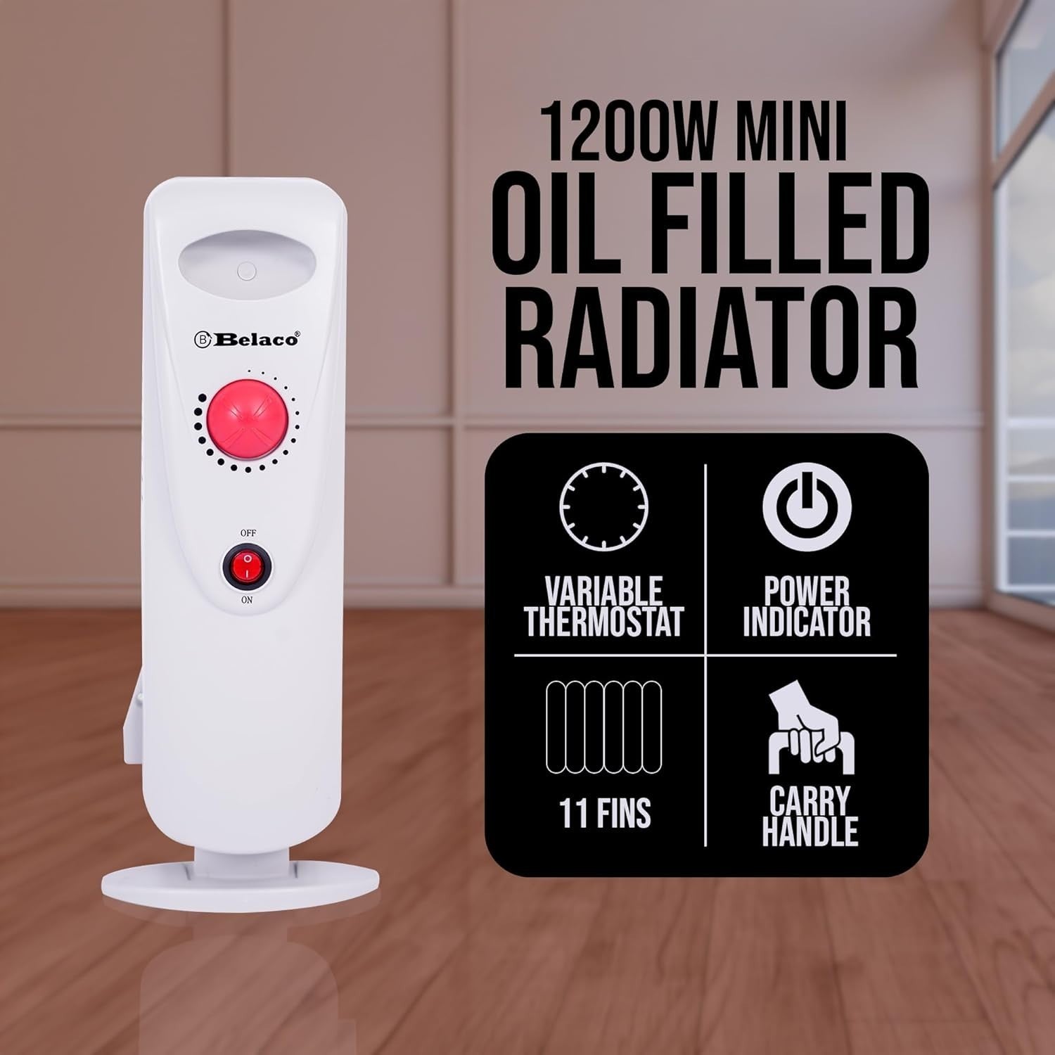 1200W Mini Oil Filled Radiator 11 Fin Portable Electric Heater White