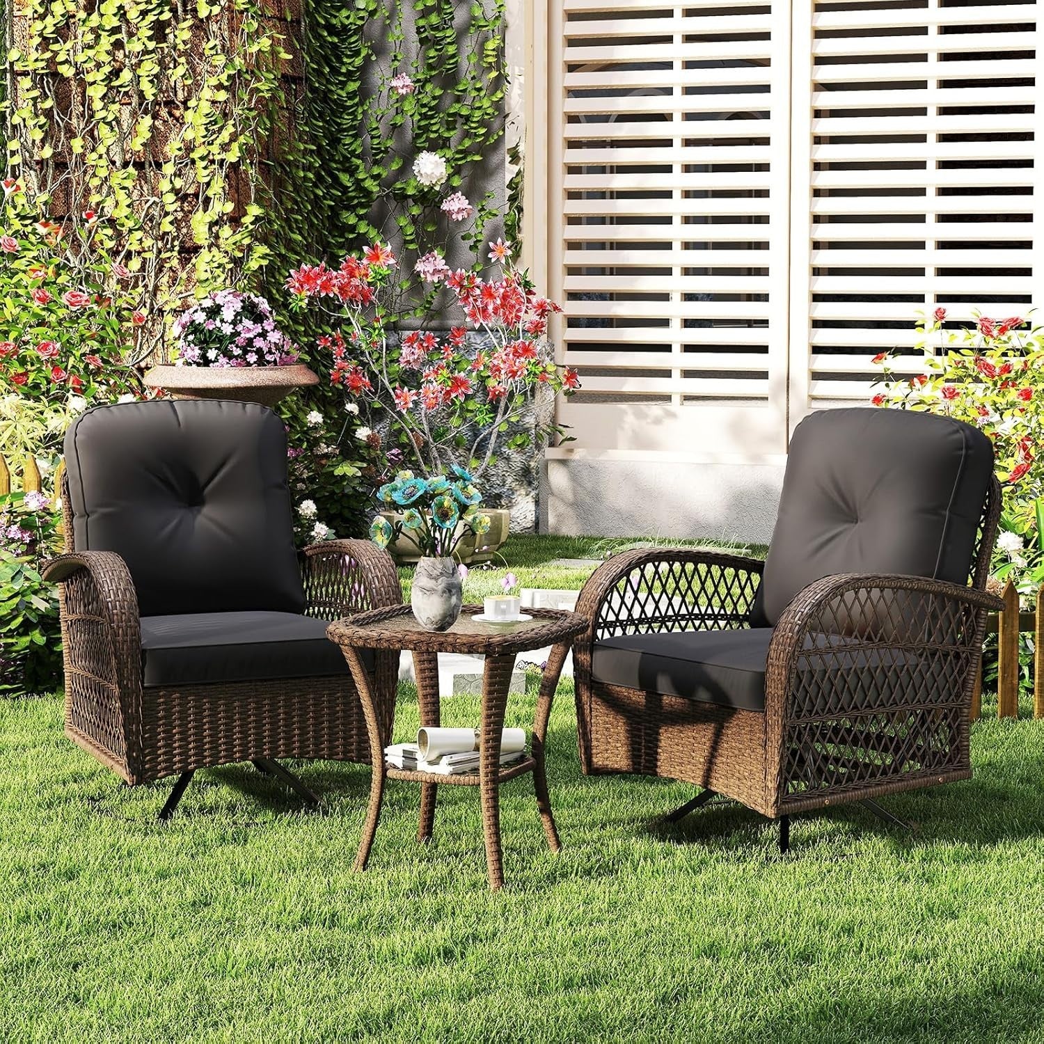 3pc Rattan Bistro Set Garden Swivel Rocking Chairs & Glass Table Outdoor