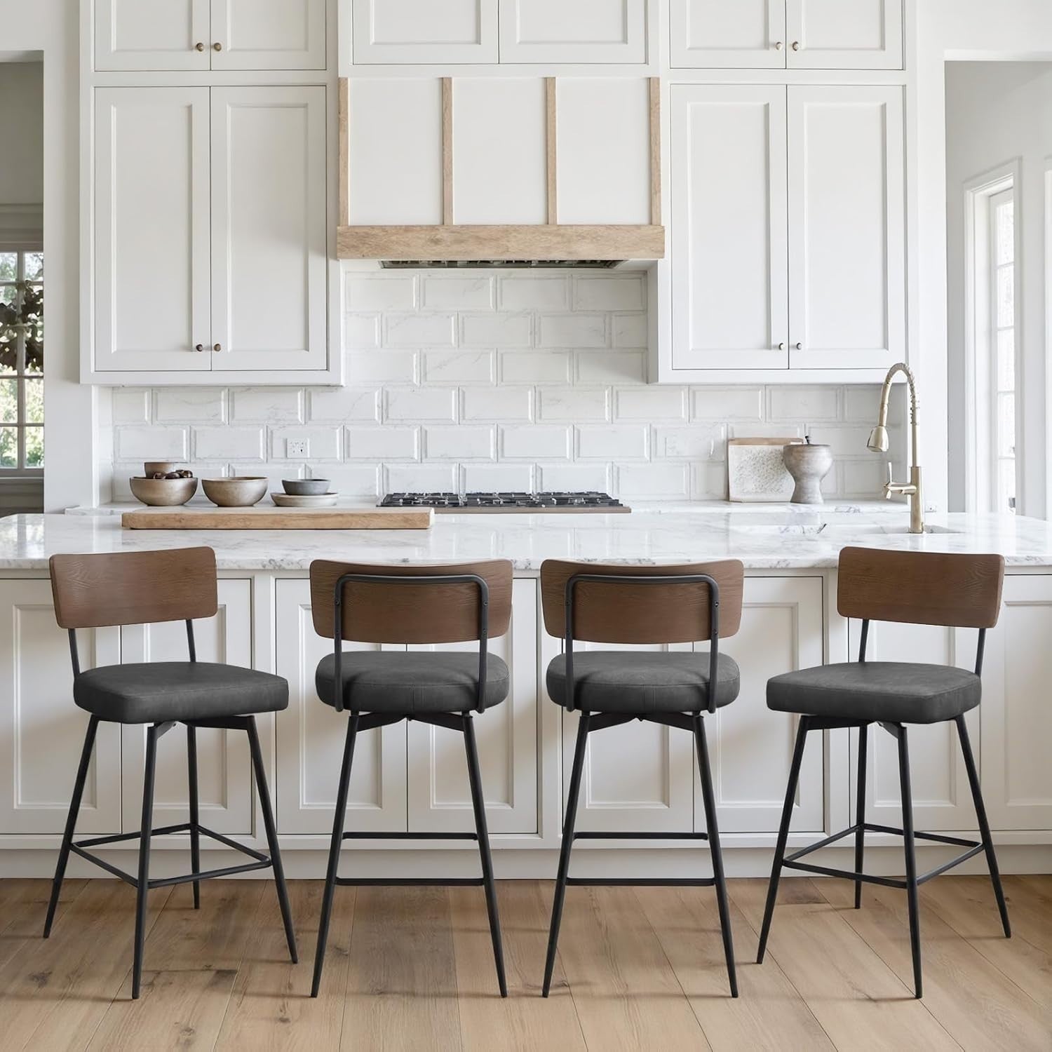 Grey Wood Back Swivel Bar Stools Set of 2 | PU Leather Counter Chairs