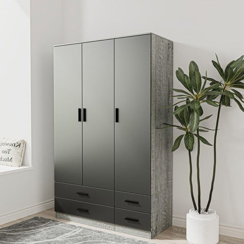 3 Door 4 Drawer Wardrobe Hanging Rail Storage Grey & Black Bedroom Unit