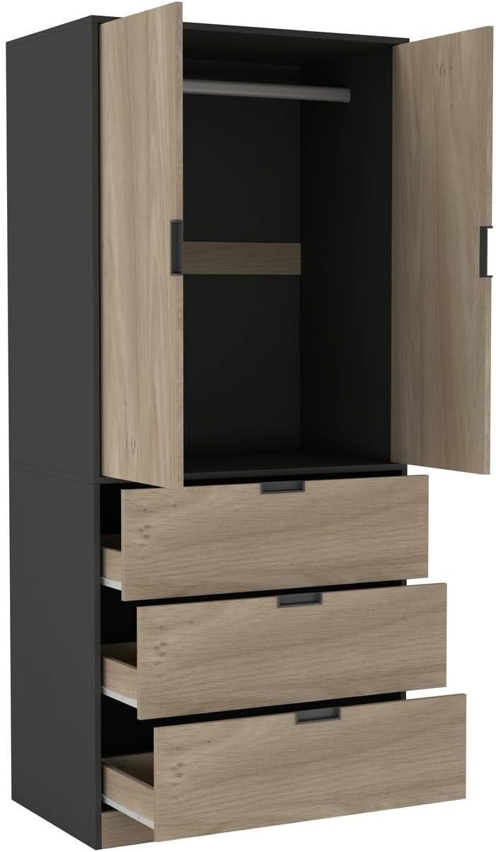 Oak 2 Door Wardrobe with Drawers & Hanging Rail Modern Storage Unit