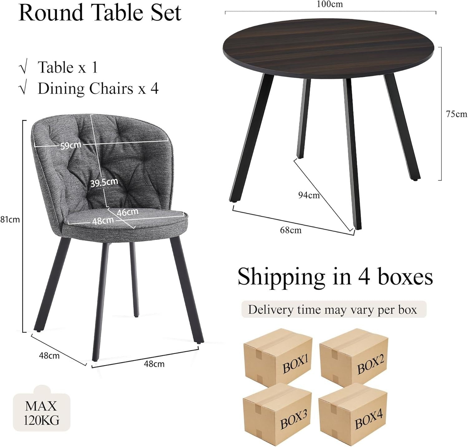 4 Grey Linen Dining Chairs & Round Dark Walnut Table Set for Kitchen Room