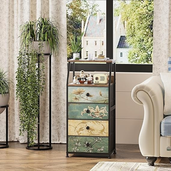 Vintage 4-Drawer Bedside Cabinet Chest with Shelves | Slim Storage Unit