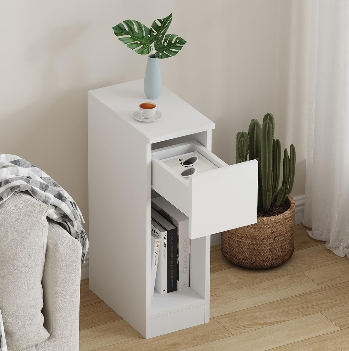 Slim White Bedside Table with Shelf & Drawer, Modern Narrow Nightstand for Small