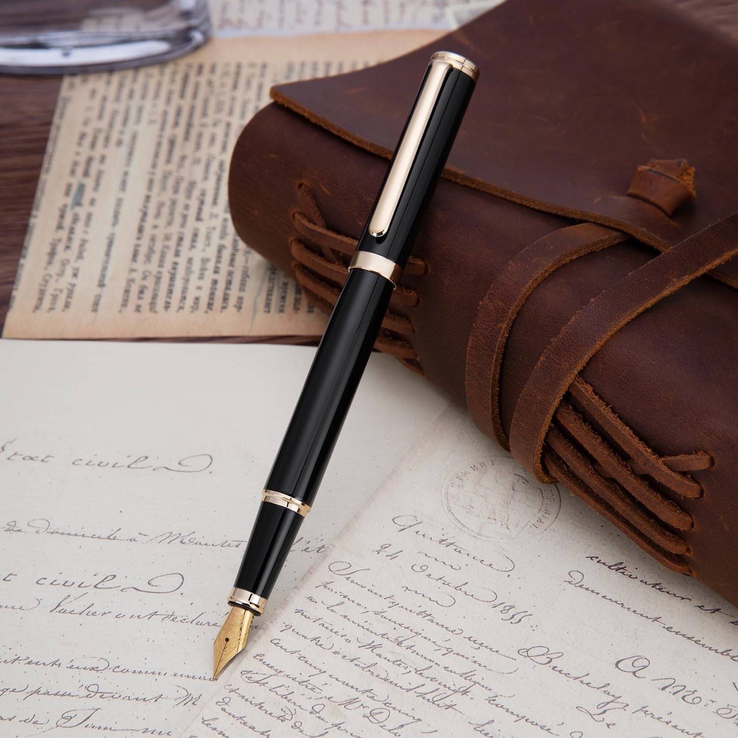 Luxury Black Fountain Pen Fine Nib Gold Finish German Ink Converter Gift