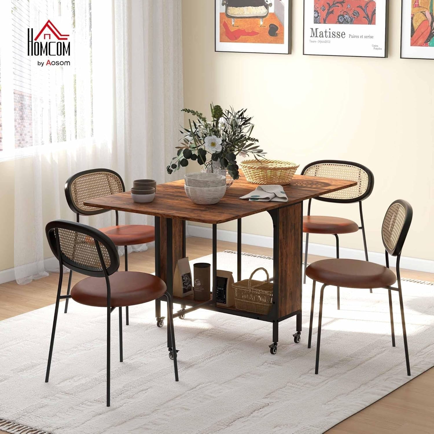 Rustic Folding Dining Table on Wheels with Shelf Drop Leaf Space Saver