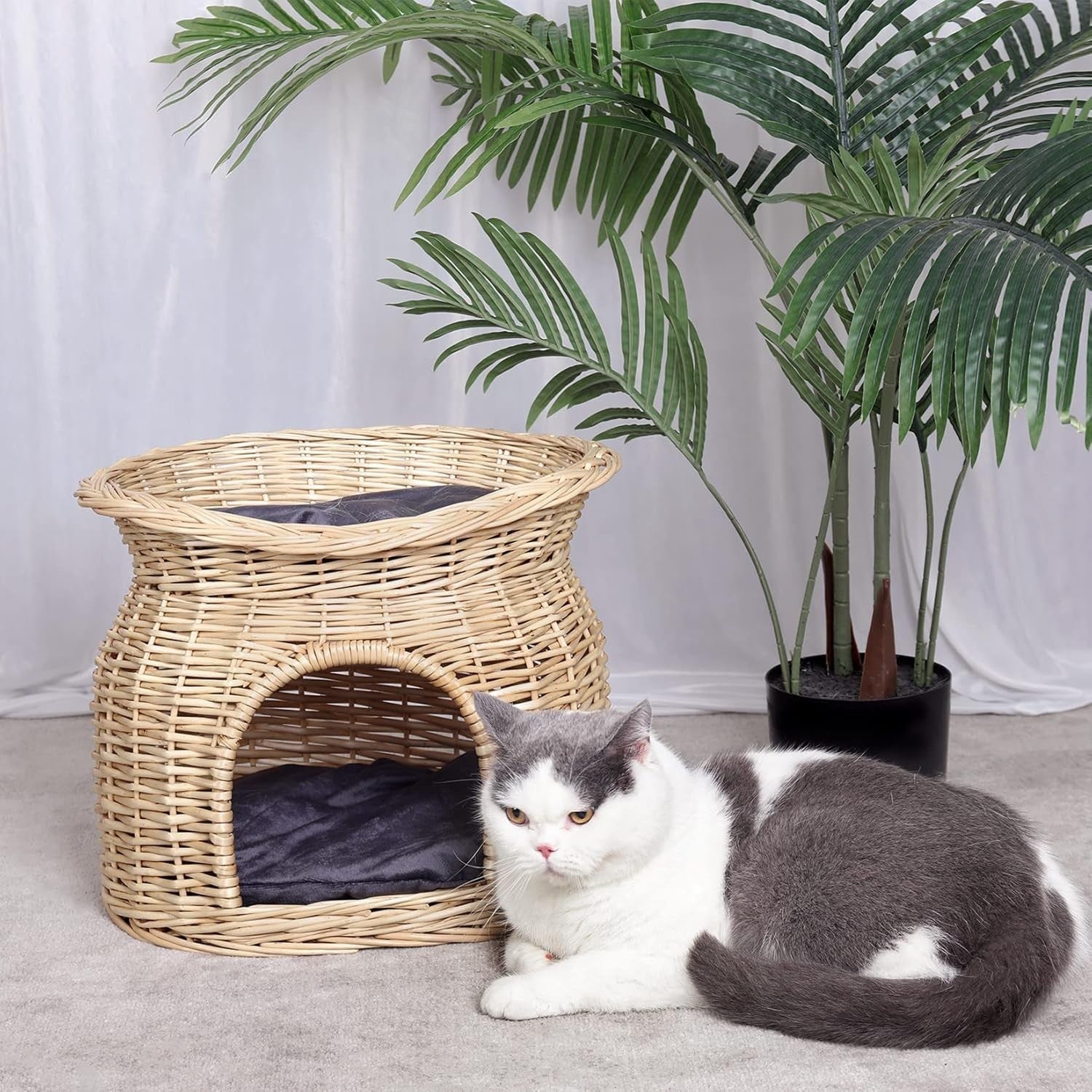 2 Tier Wicker Cat Cave House Kitten Basket Bed with Cushions Beige