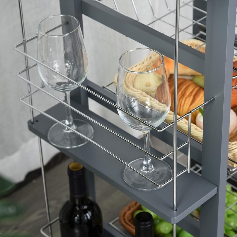 Grey Kitchen Cart with 4 Metal Baskets Drawer & Side Racks on Wheels