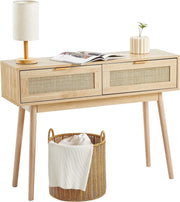 Rattan Console Table with Drawers & Shelf, Entryway Storage Unit 100cm