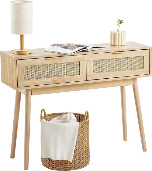 Rattan Console Table with Drawers & Shelf, Entryway Storage Unit 100cm