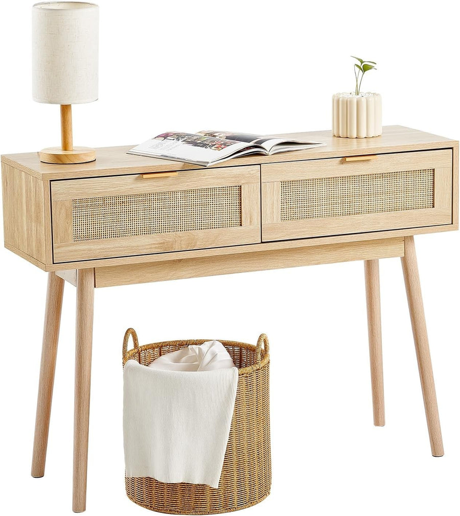 Rattan Console Table with Drawers & Shelf, Entryway Storage Unit 100cm