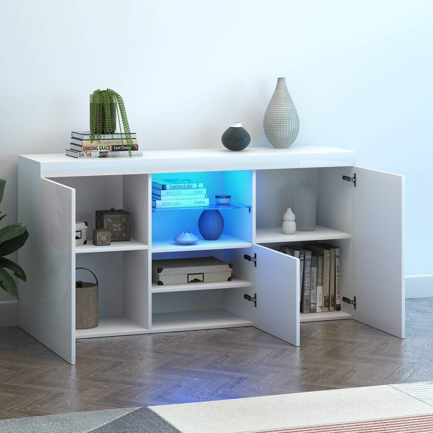 High Gloss White Sideboard Cabinet with LED Lights 3 Doors Storage Unit