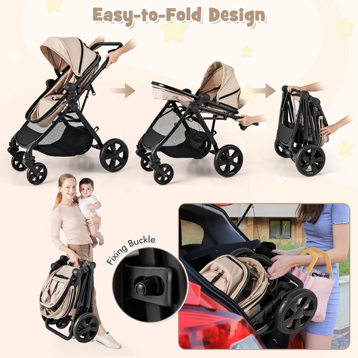 2 in 1 Baby Pushchair Travel Foldable Lightweight Reversible Stroller Beige