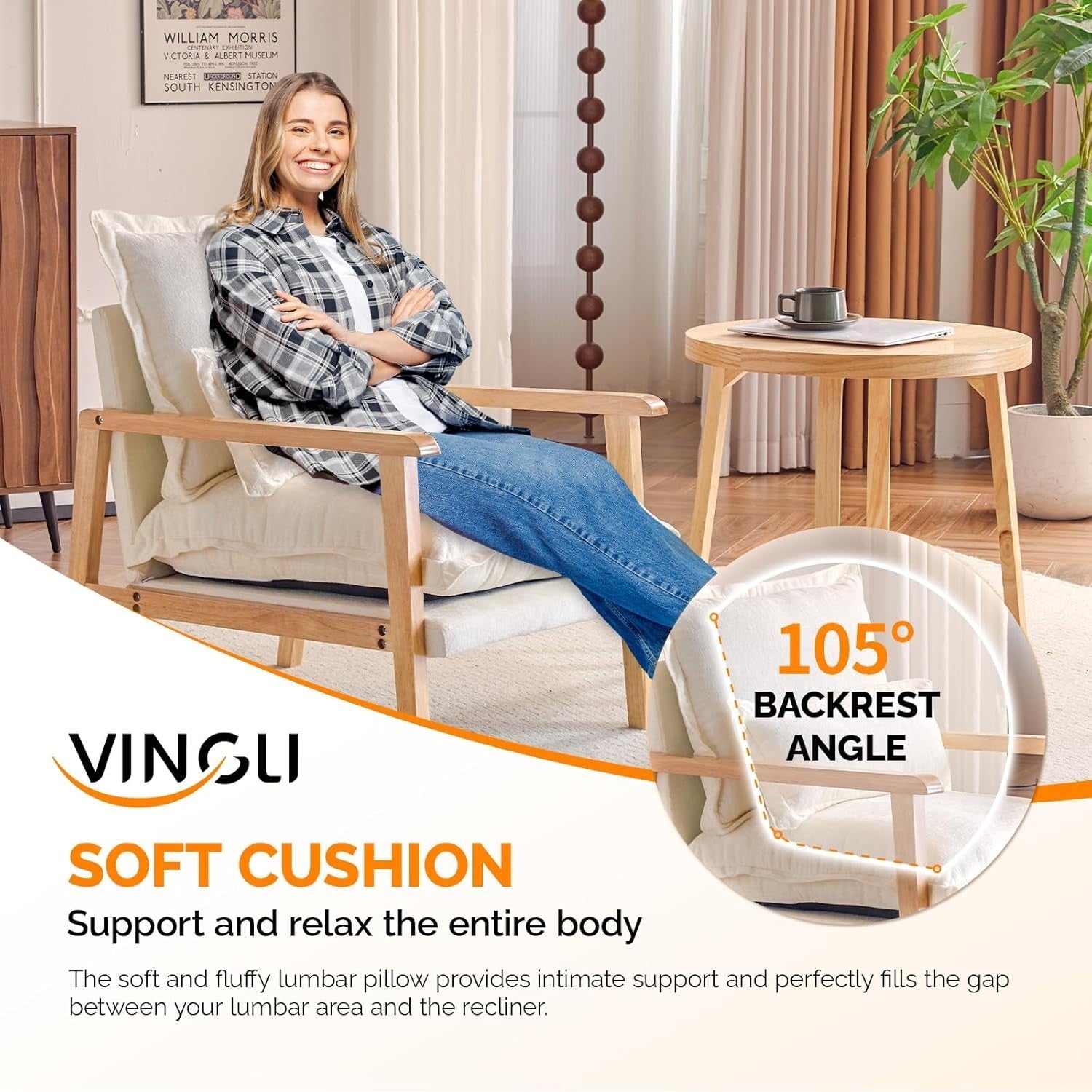 Cozy Mid-Century Modern Wooden Armchair with Lumbar Pillow & Thick Cushion