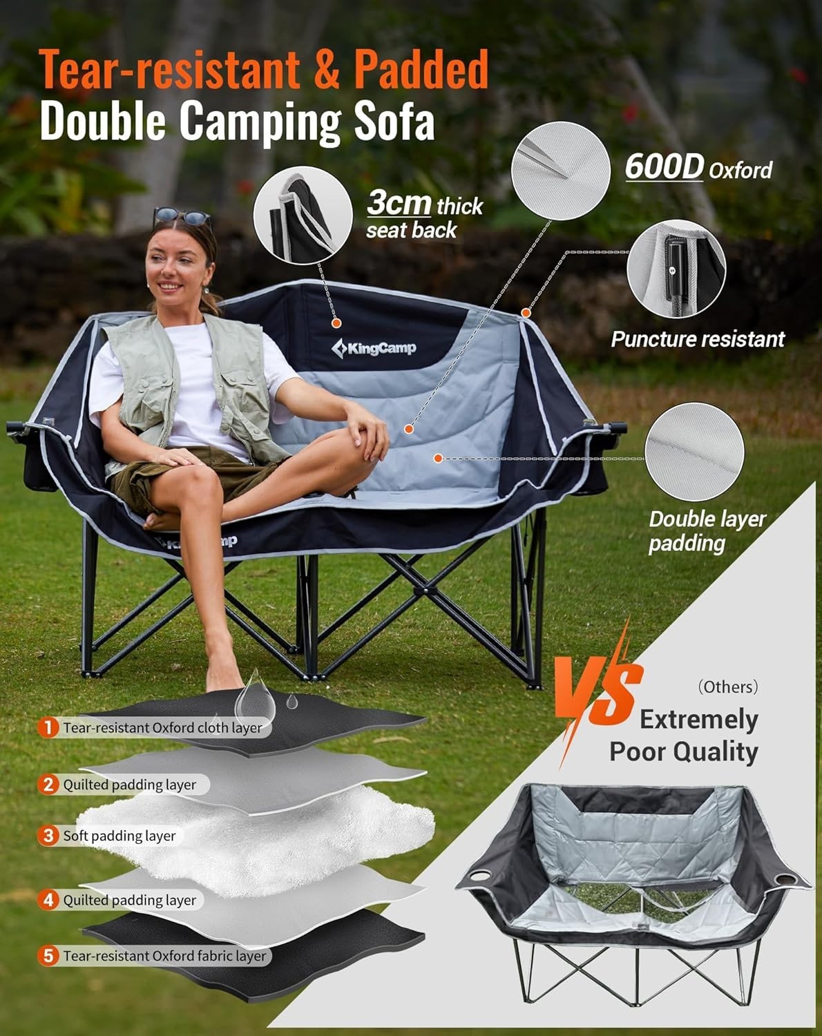 Folding 2-Seater Camping Chair Sofa 660lbs Padded w/ Cup Holders Outdoor