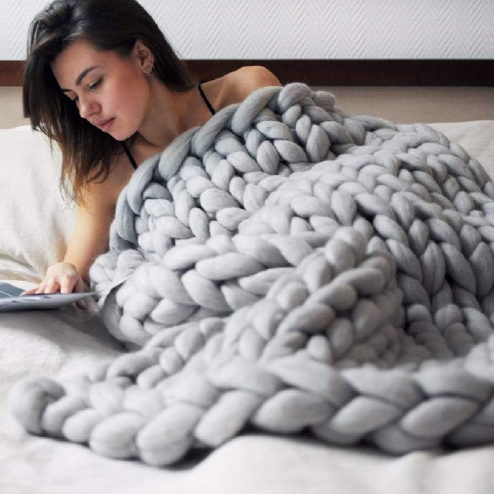 Hand Knit Weighted Blanket Grey Chunky Knit Cozy Throw Sleep Stress Relief