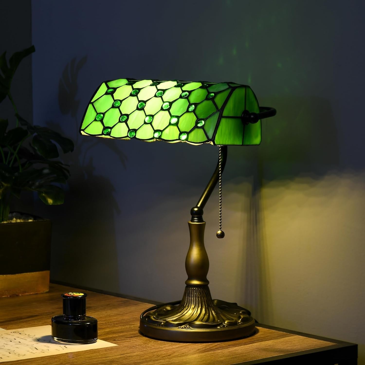 Vintage Stained Glass Table Lamp with Green Shade & Adjustable Light, 38cm