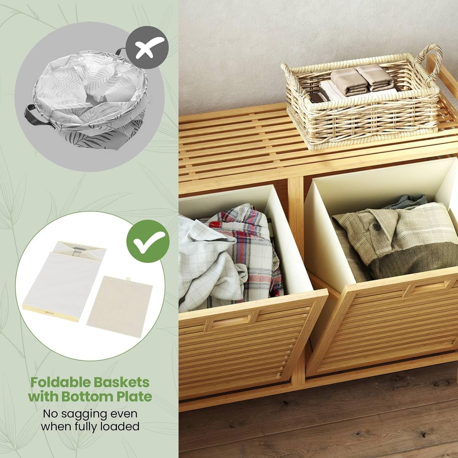 75L Bamboo Laundry Hamper Tilt-Out 2 Bin Storage Unit with Shelf Natural Wood
