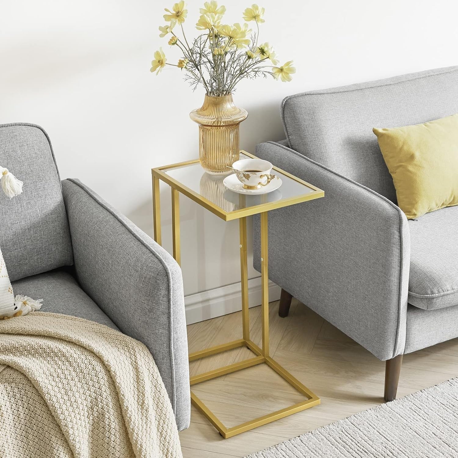 Gold C-Shaped Side Table 30x40x63 cm | Tempered Glass Sofa & Bed Table