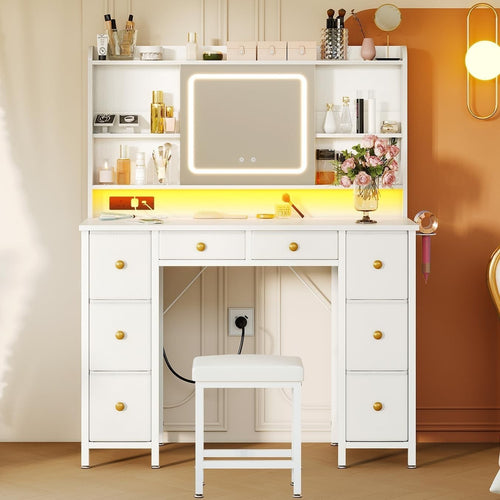 Modern Dressing Table w/ LED Mirror Power Outlet 8 Drawers & Chair White