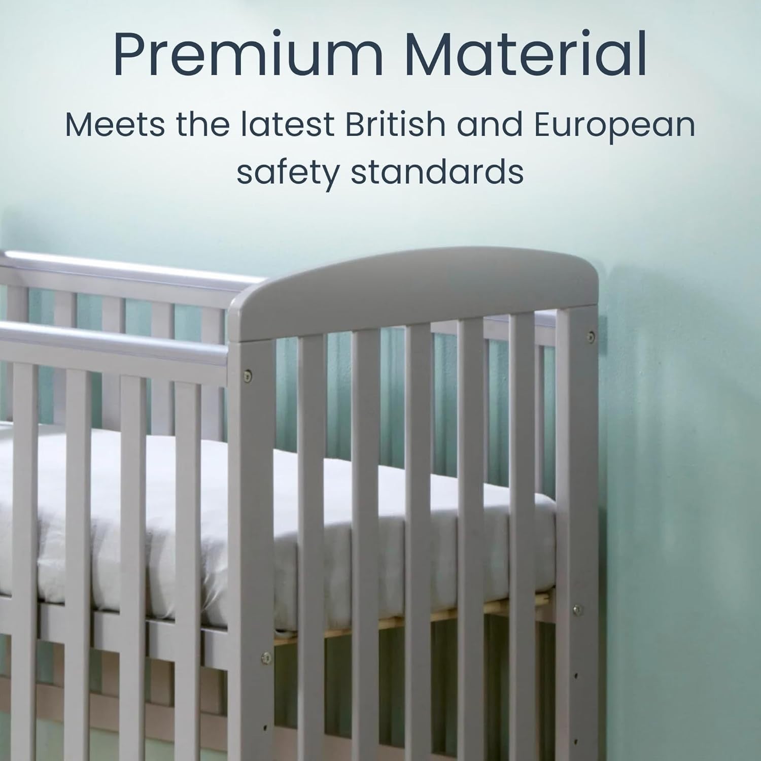 Space Saver Baby Cot Bed Adjustable Height with Wheels White Compact Crib Grey
