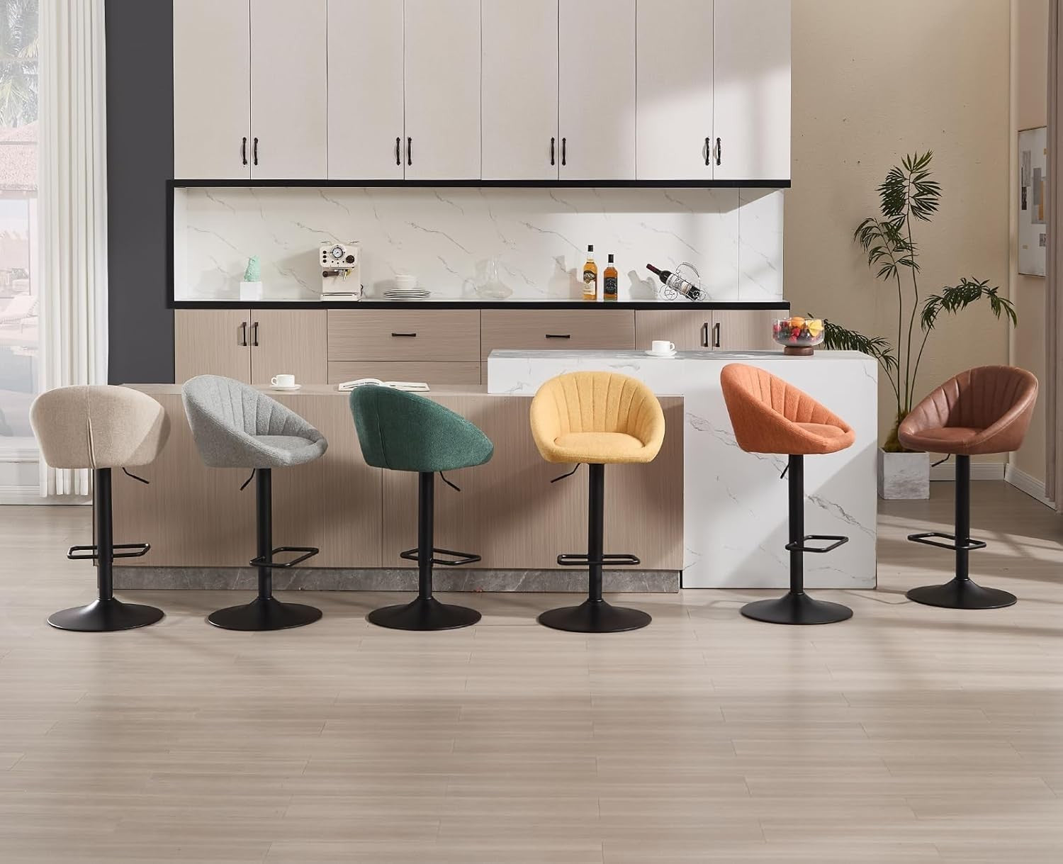 Bar Stools Set of 2 PU Brown L-Shaped Adjustable PU Counter Chairs